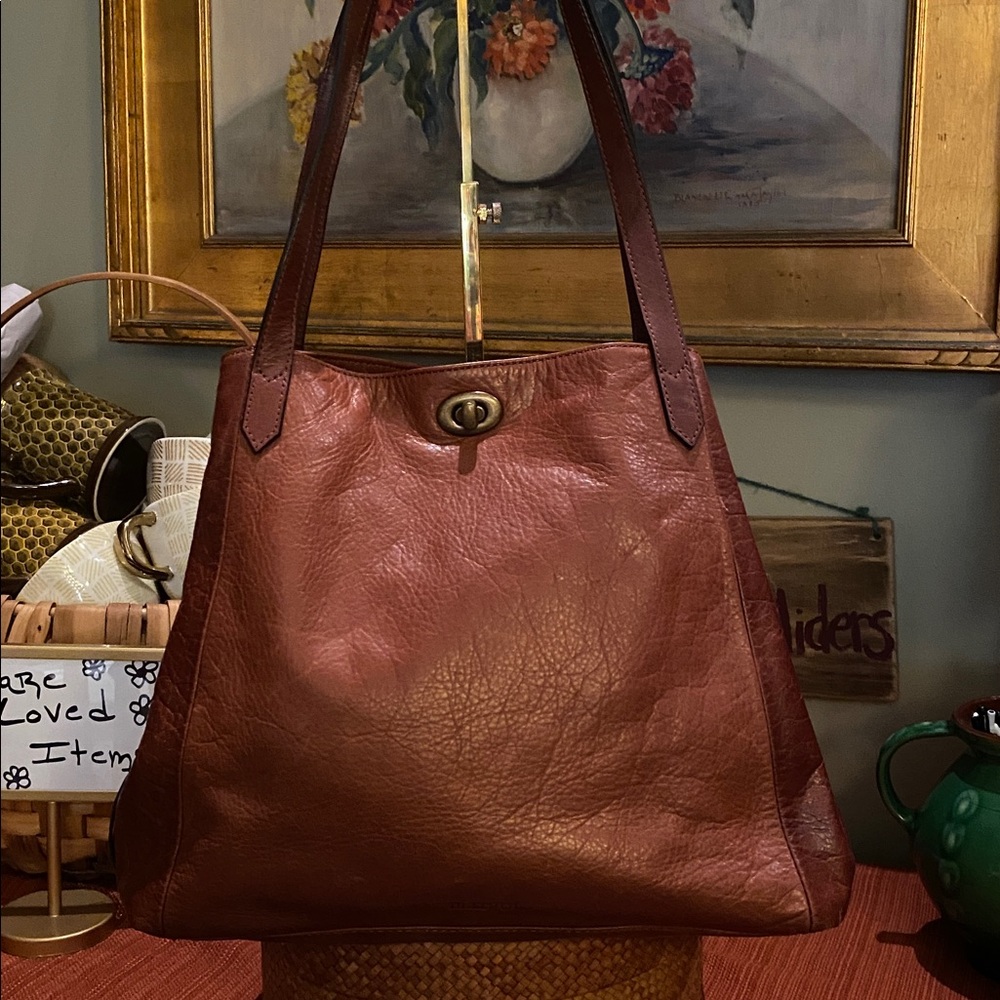 Margot New York Marcy Cognac Brown Leather Shoulder Bag Tote.